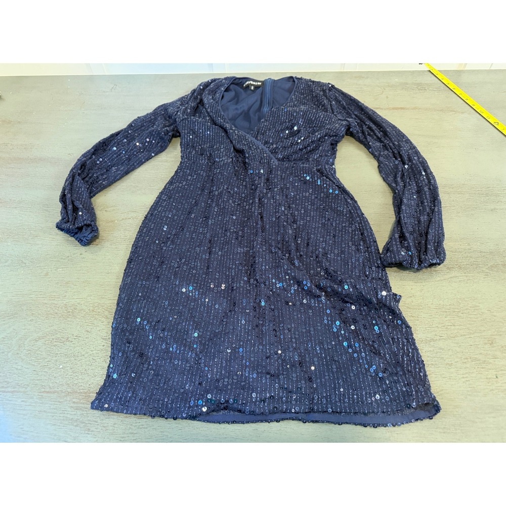 Elly Bazar Navy Blue Sequin Wrap V-Neck Long Sleeve Mini Cocktail Dress Size 8